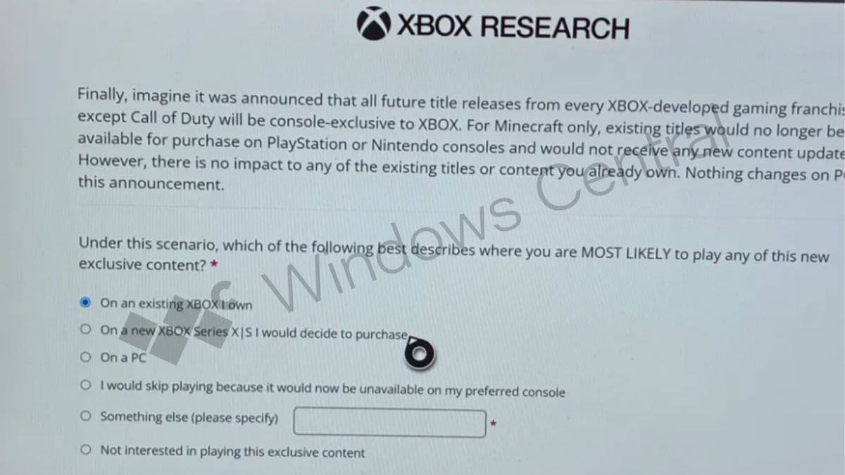 Xbox Insider survey asking players about console exclusivity for Fallout, Elder Scrolls, Doom, Diablo, Physint and Minecraft